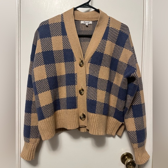 Madewell Sweaters - Madewell Buffalo Check Cardigan - Camel and Blue- Medium- PERFECT CONDITION!